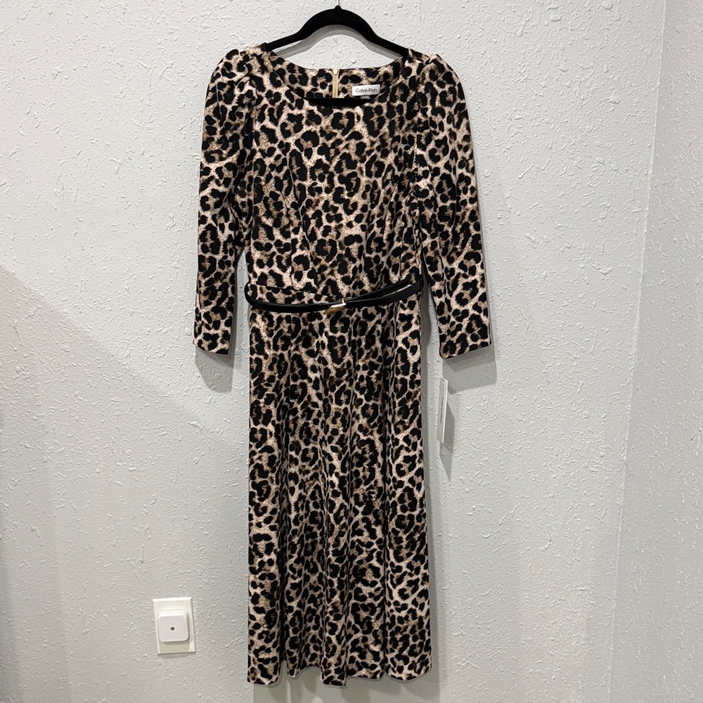Calvin Klein Leopard Print Long Sleeve Midi Dress Size 10